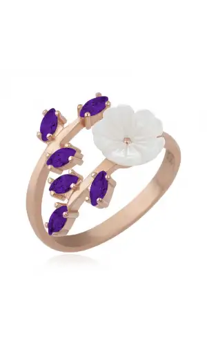 Gümüş Rose Mor Yapraklı Bahar Çiçeği Yüzük