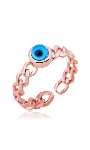 Gümüş Rose Zincir Desenli Nazarlı Bayan Yüzük