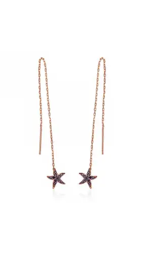 Gümüş Siyah Taşlı Deniz Yıldızı Zincirli Küpe