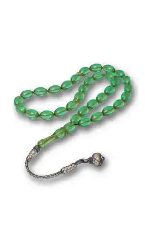 Gümüş Top Kazaz Püsküllü Yeşil Sıkma Kehribar Tesbih