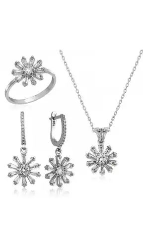 Gümüş Trapez Taşlı  Çiçek Bayan Set
