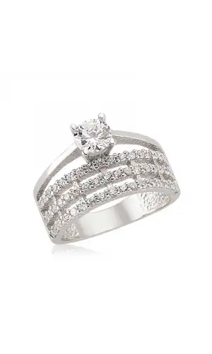 Gümüş Üç Sıra Tek Taş Bayan Yüzük