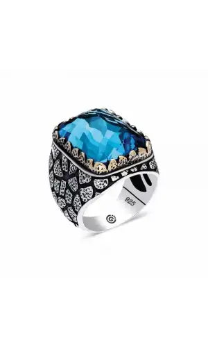 Gümüş Zirkon Mavi Taşlı Kare Erkek Yüzük