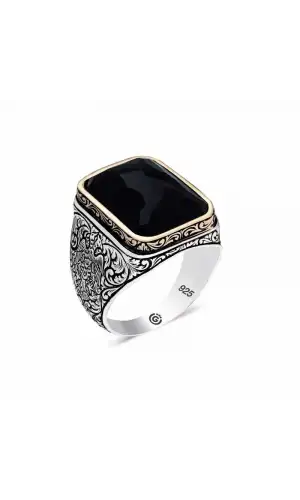 Gümüş Zirkon Siyah Taşlı Kare Erkek Yüzük