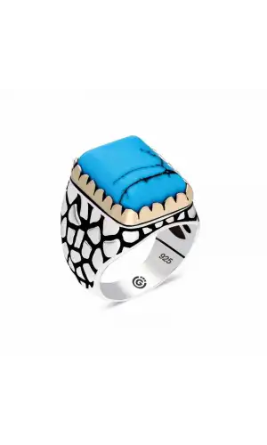 Gümüş Zirkon Turkuaz Taşlı Kare Erkek Yüzük
