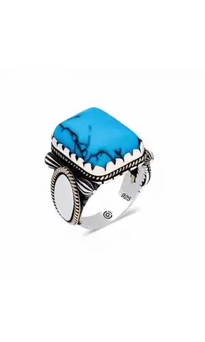 Gümüş Zirkon Turkuaz Taşlı Kare Erkek Yüzük