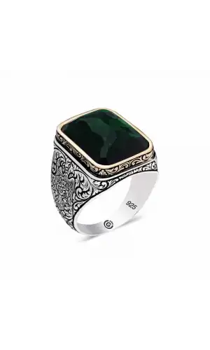 Gümüş Zirkon Yeşil Taşlı Kare Erkek Yüzük