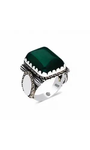 Gümüş Zirkon Yeşil Taşlı Kare Erkek Yüzük