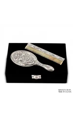 Manolya Motifli Ayna Tarak Gümüş Set