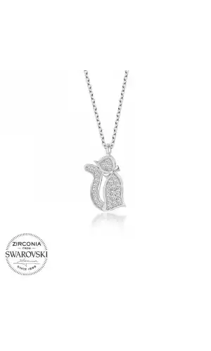Swarovski Taşlı Gümüş Kedi Bayan Kolye