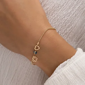 Minimal Charm Çiçek ve Kalp Altın Bileklik