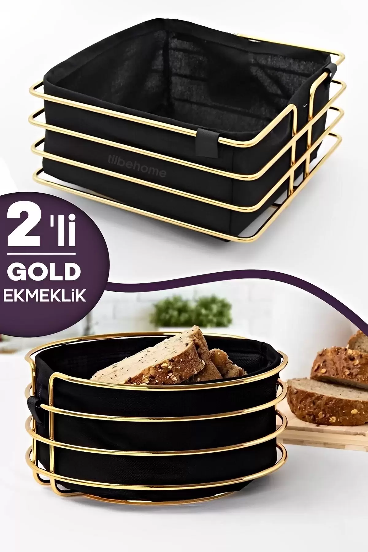 2li Lüx Gold Ekmeklik Paslanmaz Krom Sofra Ekmek Sepeti Ergonomik Şeritli Kutu Yıkanır Siyah Kumaş