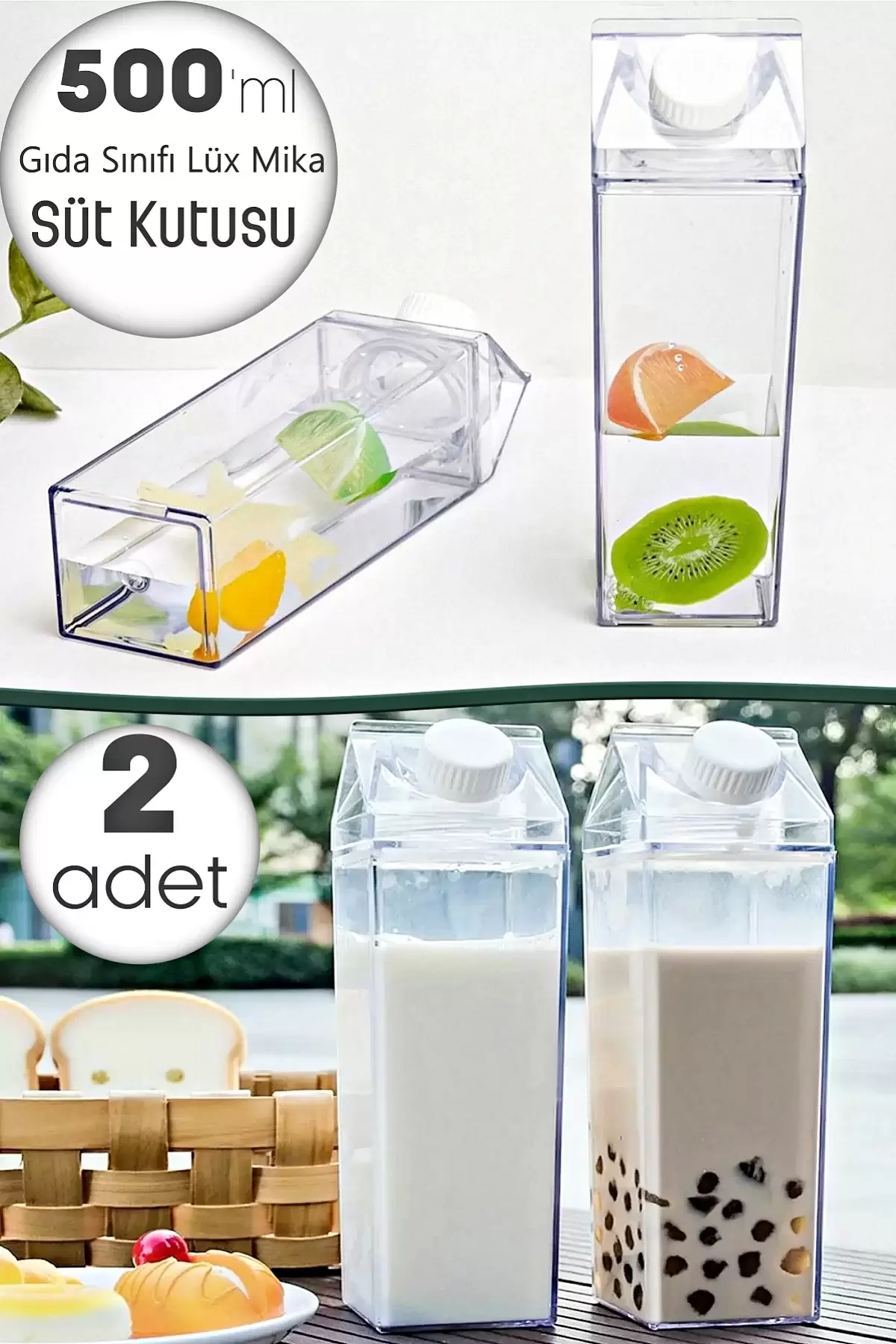 2li Lüx Mika Süt Kutusu Kapaklı Su Kahve İçecek Şişesi Şeffaf Gıda Sınıfı Kahve Sunum Bardağı 500ml
