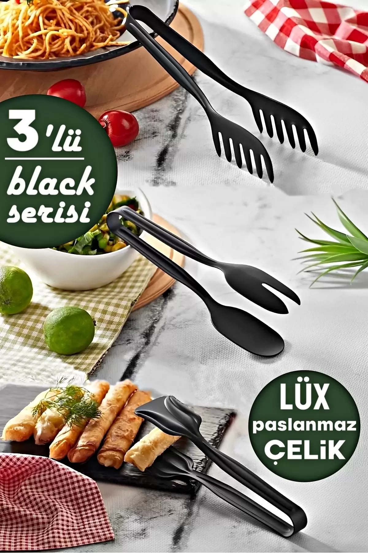 3lü Lüx Black Serisi Makarna Maşası Pasta Maşası Salata Maşası Çelik Mutfak Servis Sunum Maşa Seti