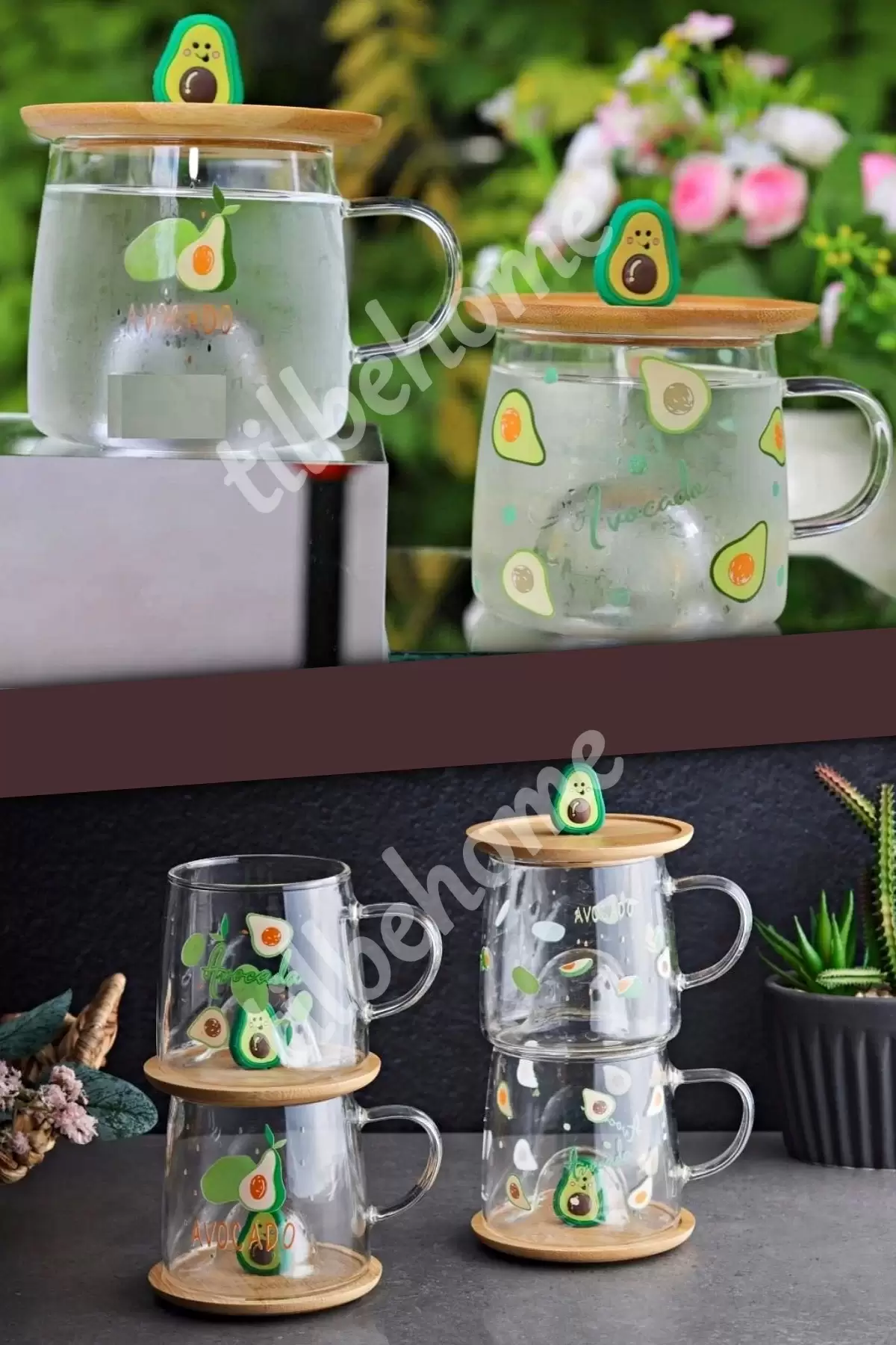3D Avakado Figürlü Baskılı Sıcak Soğuk Borosilikat Cam Meşrubat Kupası Su Çay Bardağı Bambu Kapaklı