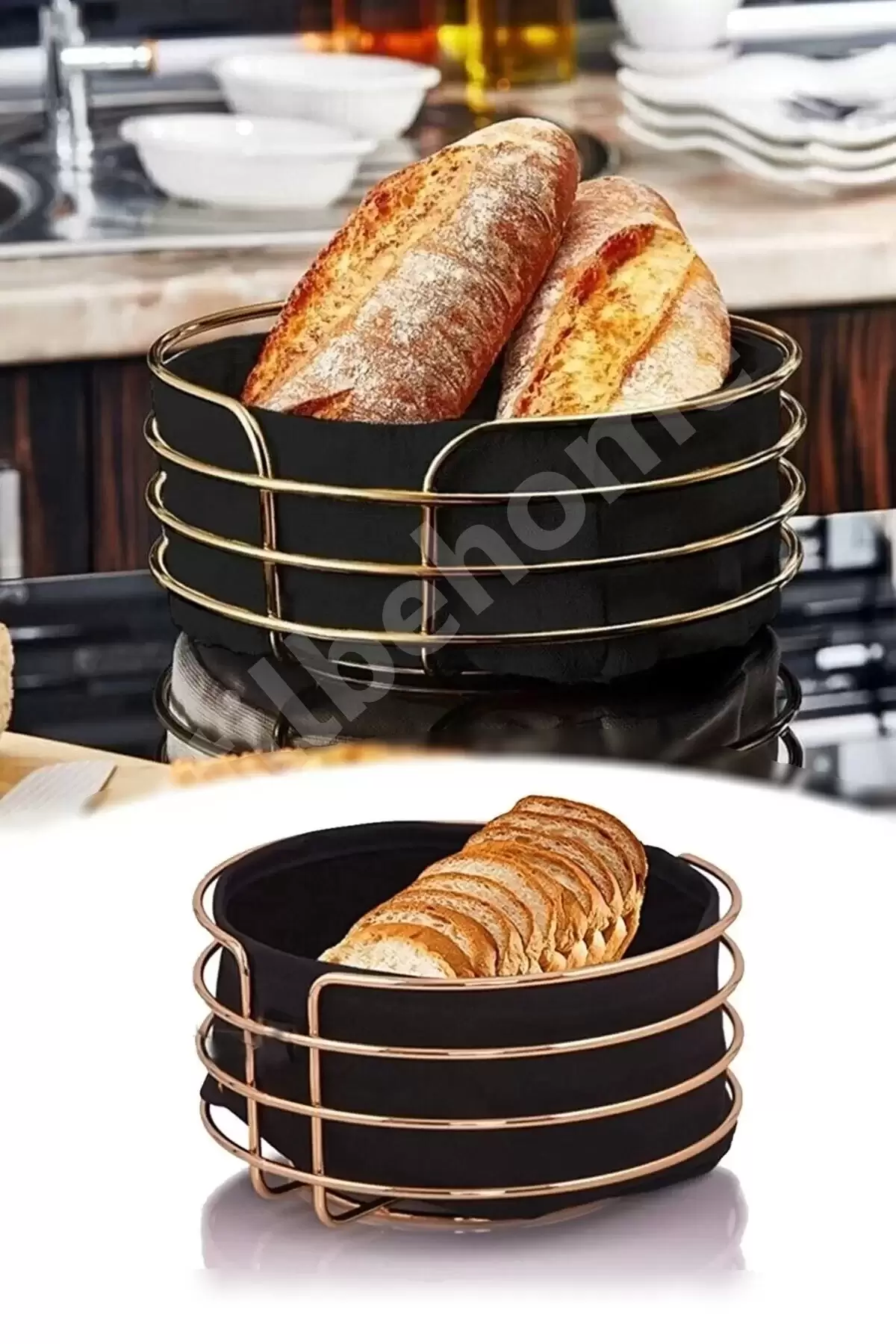Lüx Gold Ekmeklik Paslanmaz Krom Sofra Ekmek Sepeti Ergonomik Şeritli Oval Kutu Yıkanır Siyah Kumaş