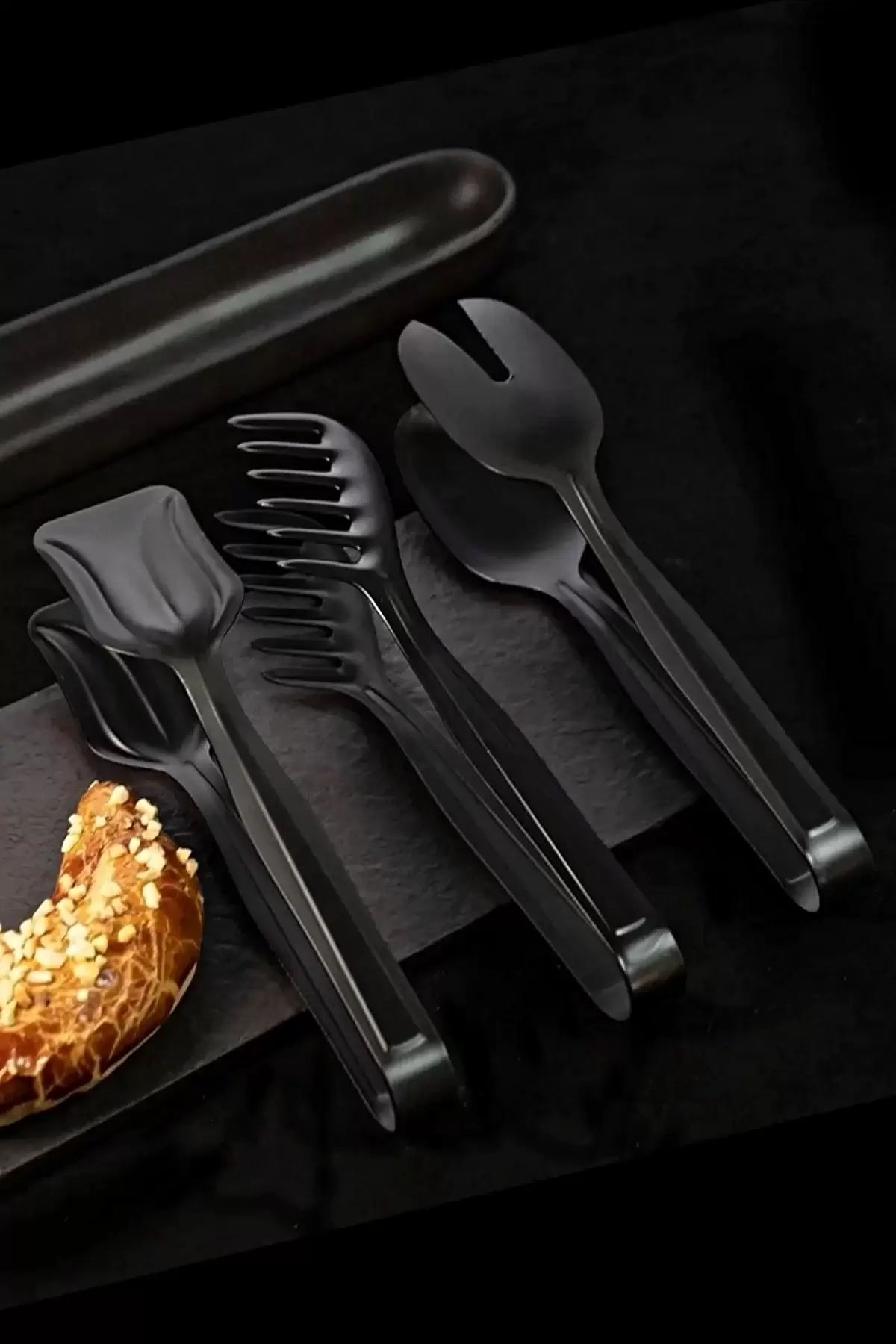 3lü Lüx Black Serisi Makarna Maşası Pasta Maşası Salata Maşası Çelik Mutfak Servis Sunum Maşa Seti