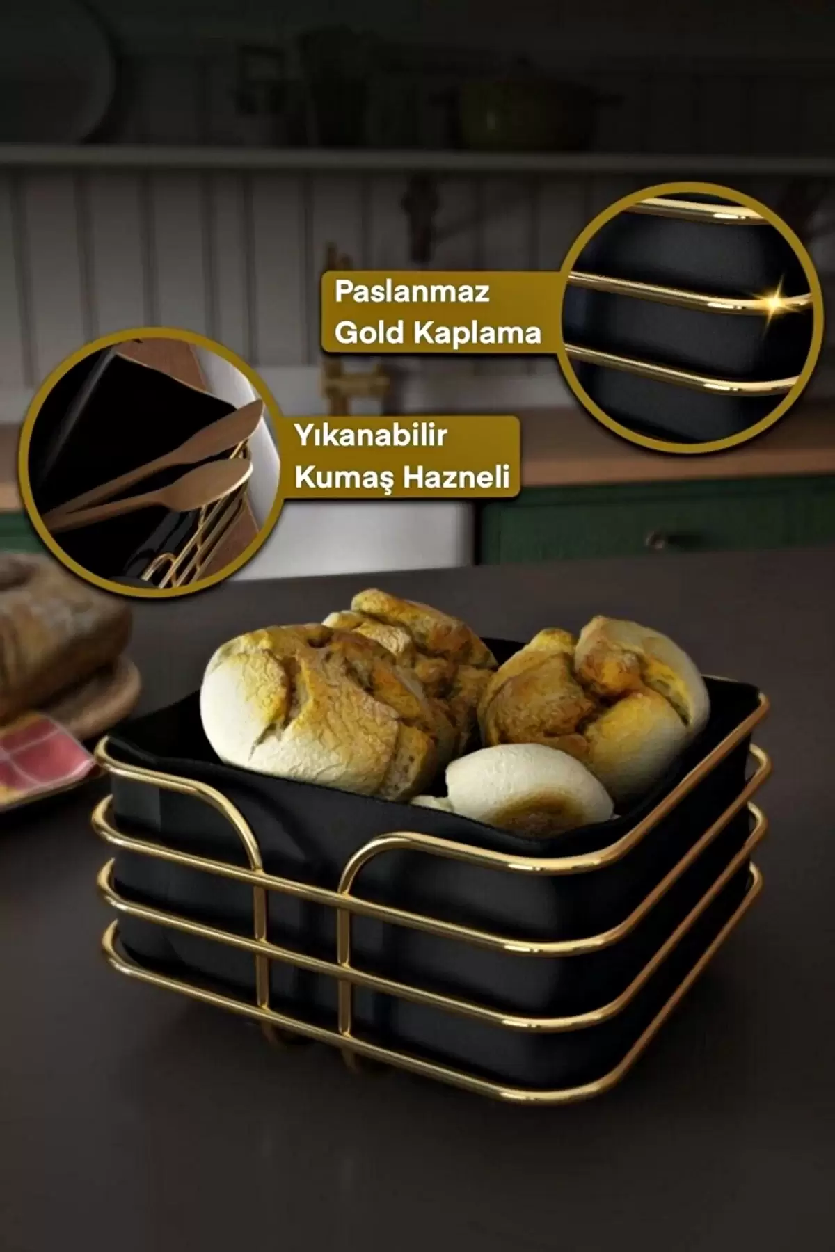 Lüx Gold Ekmeklik Paslanmaz Krom Sofra Ekmek Sepeti Ergonomik Şeritli Kare Kutu Yıkanır Siyah Kumaş