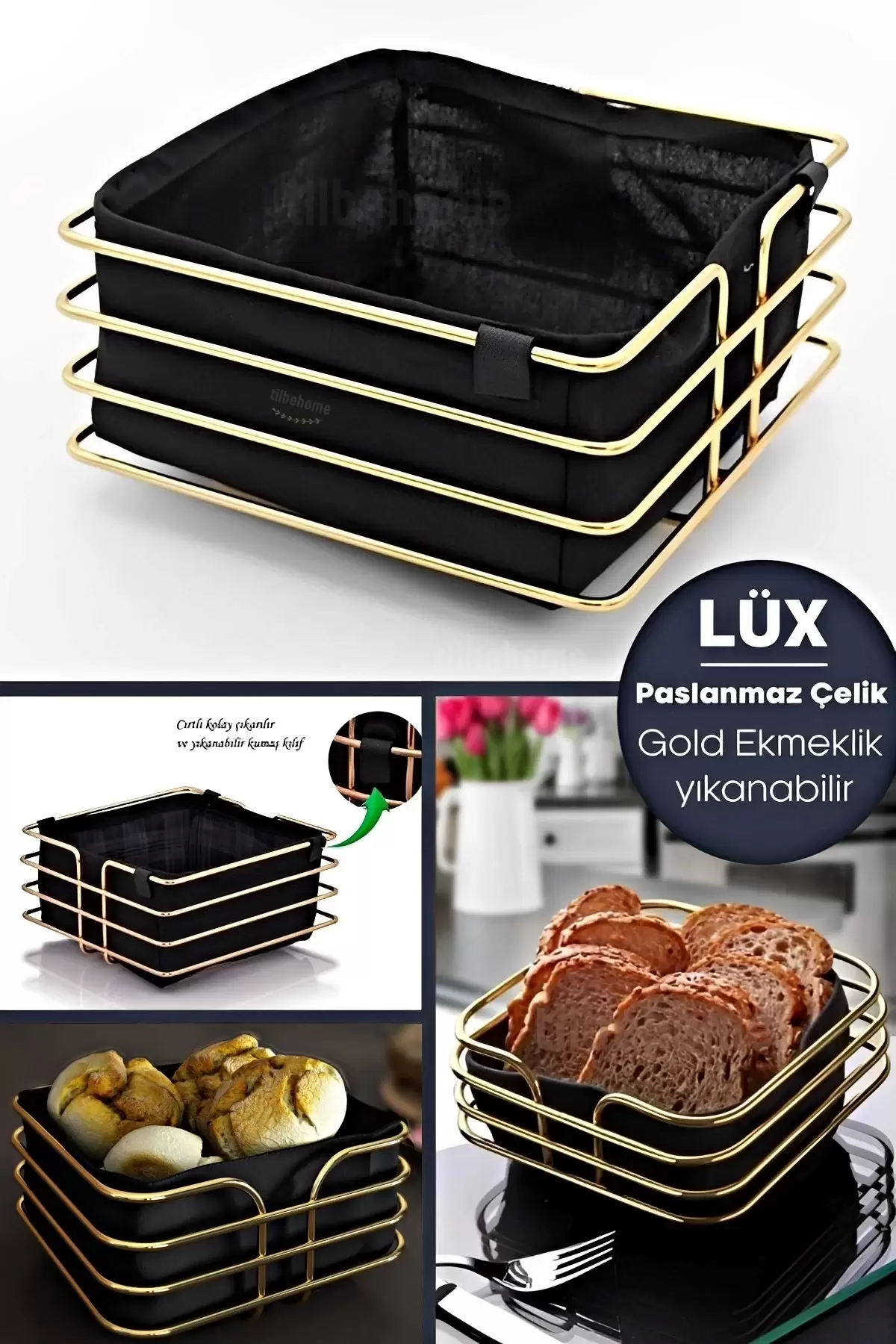 Lüx Gold Ekmeklik Paslanmaz Krom Sofra Ekmek Sepeti Ergonomik Şeritli Kare Kutu Yıkanır Siyah Kumaş