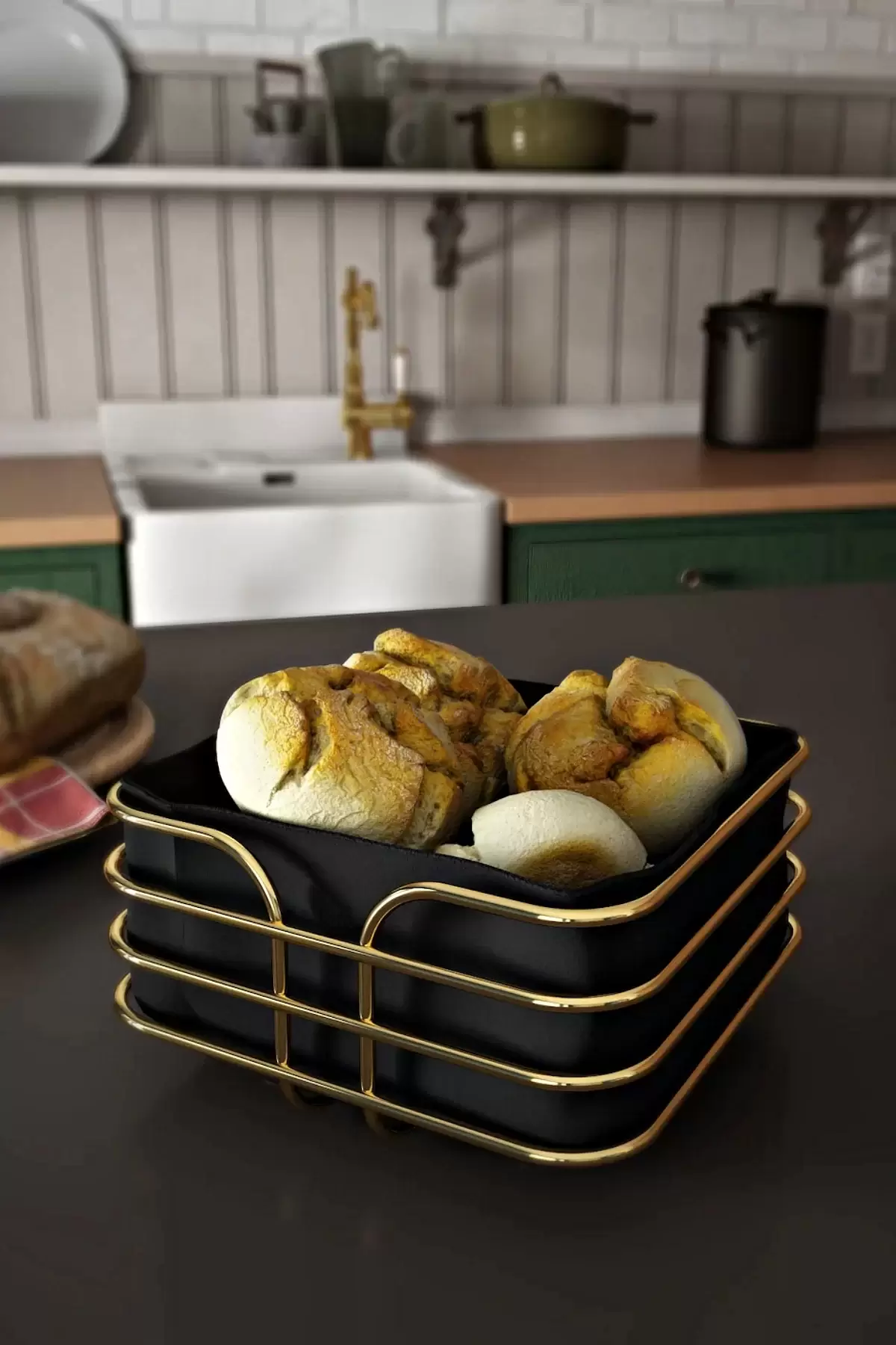 2li Lüx Gold Ekmeklik Paslanmaz Krom Sofra Ekmek Sepeti Ergonomik Şeritli Kutu Yıkanır Siyah Kumaş