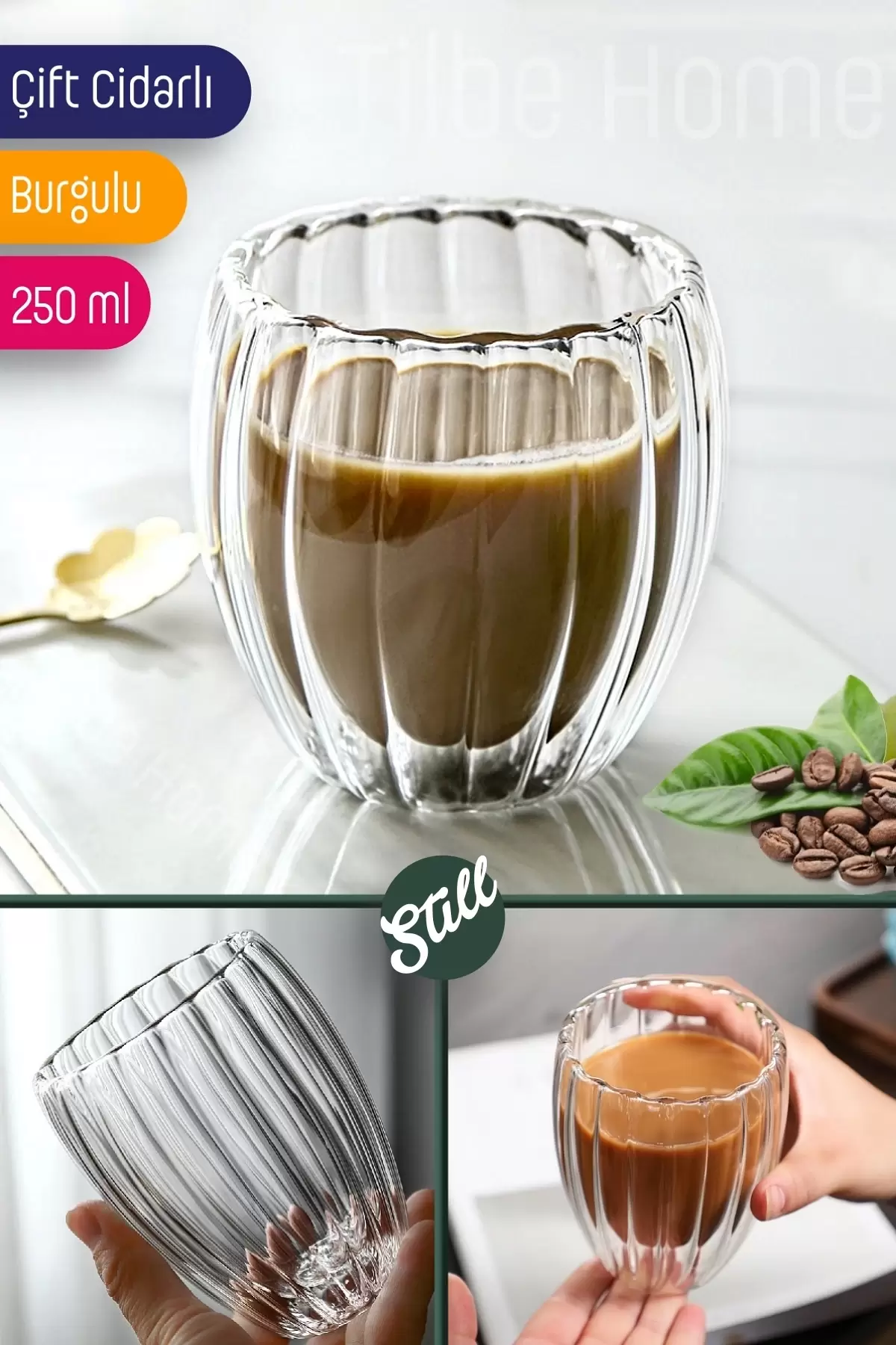 3lü Çift Cidarlı Burgulu Kristal Cam Bardağı Çay Süt Kahve Kupası Sıcak & Soğuk Retro Bardak Seti