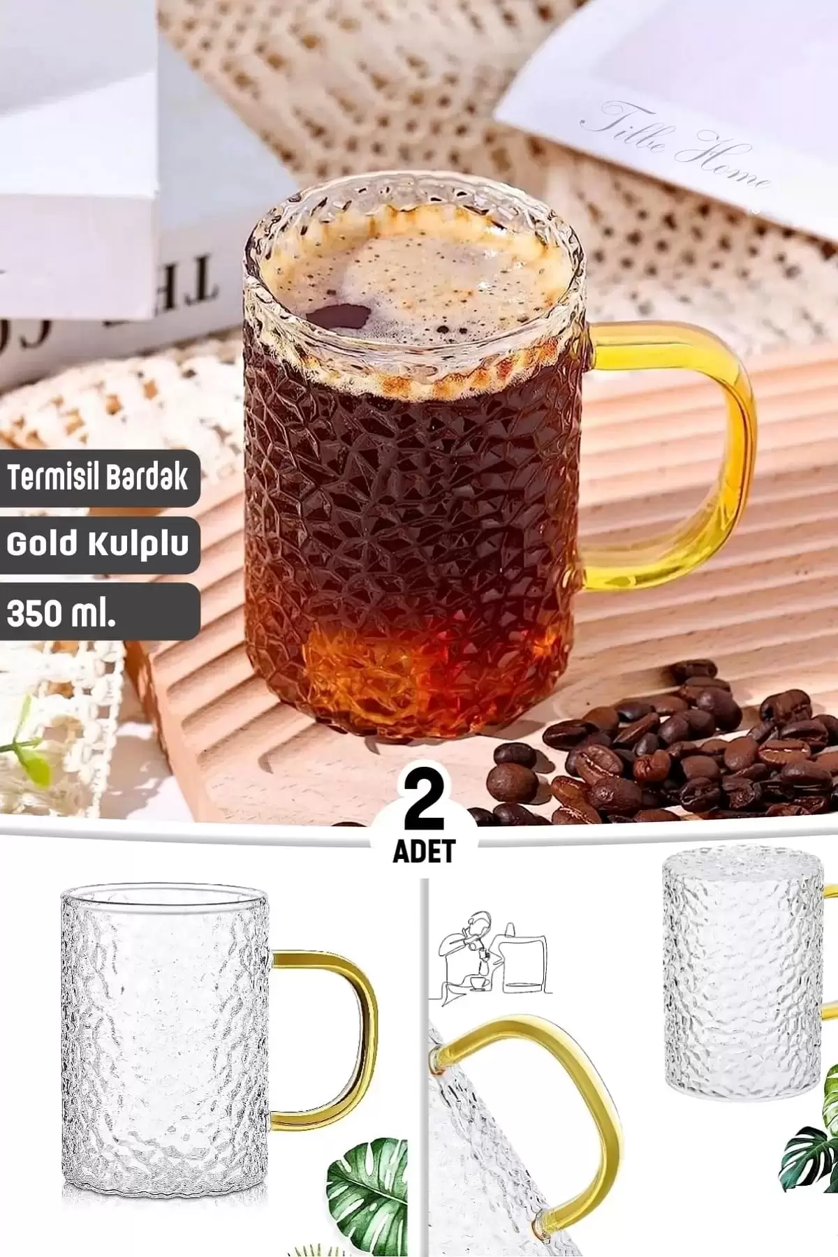 2li Gold Kulplu Desenli Stil Bardak Termisil Kabartmalı Çay Süt Kahve Kupası Sunum Bardağı 350ml
