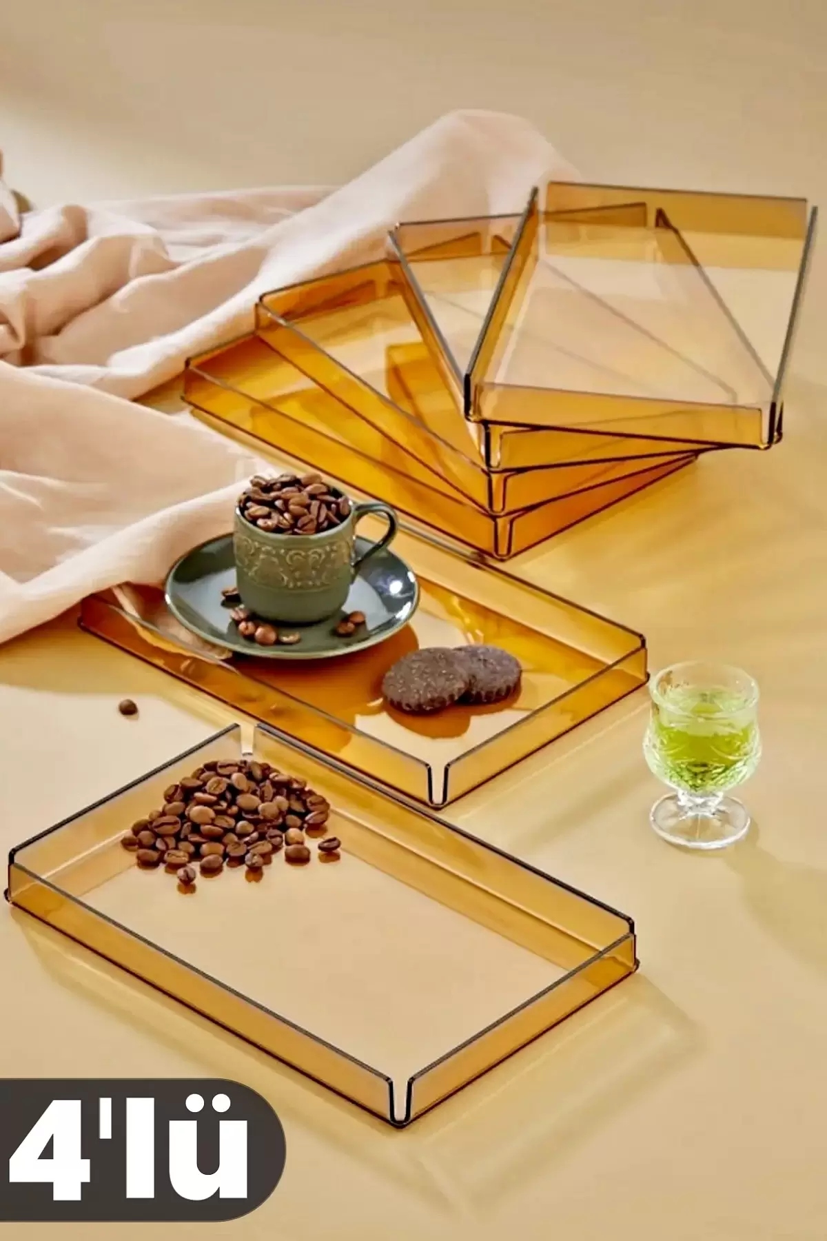 4lü Kristal Sunum Tepsisi Şeffaf Gold Mutfak Kahve Sunum Tabağı Dekoratif Özel Seri Pleksi Tepsi