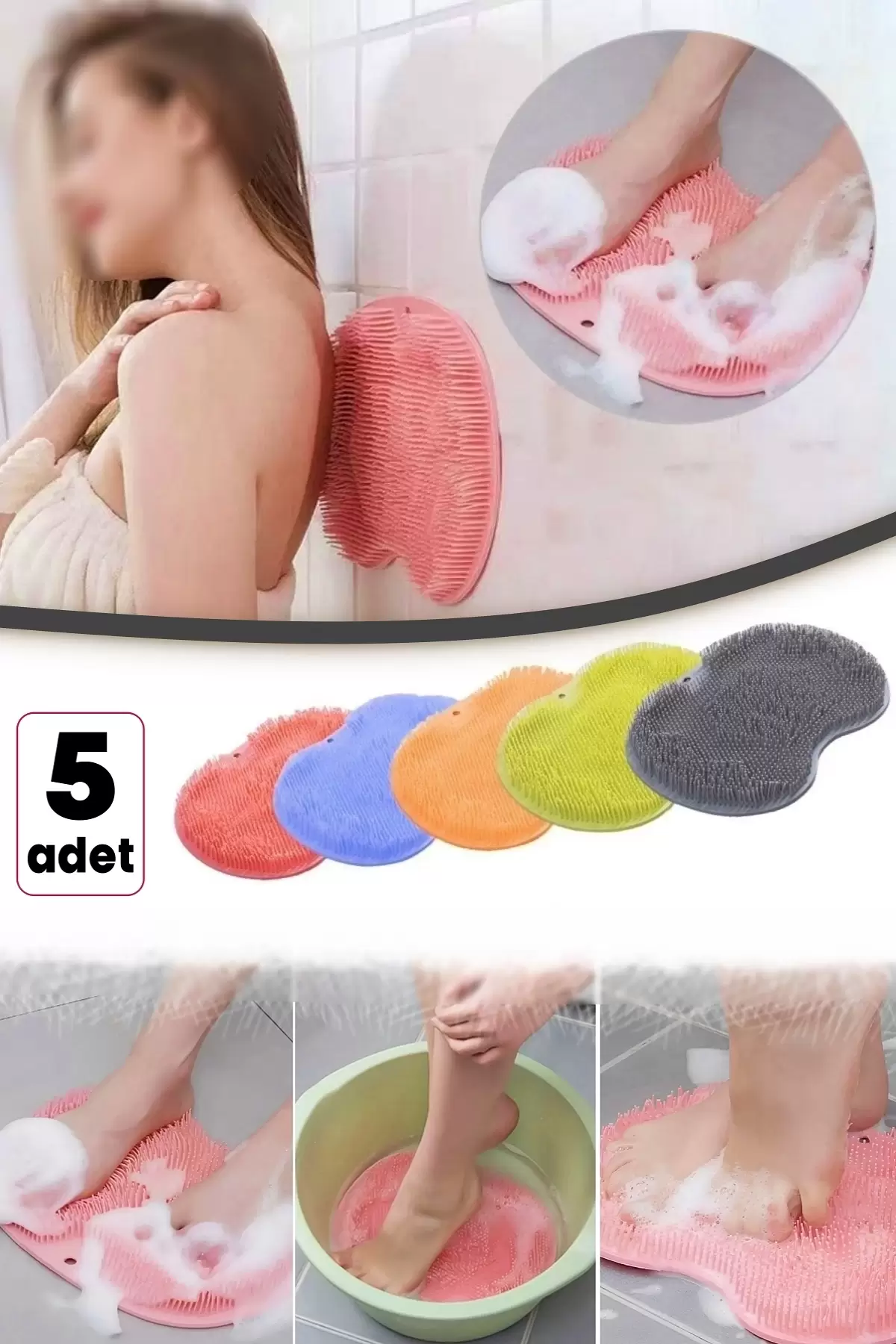 5li Vantuzlu Silikon Banyo Duş Matı Fırçası Sırt Ayak Kesesi Masaj Pedi Vücut Kese Lifi Colorful