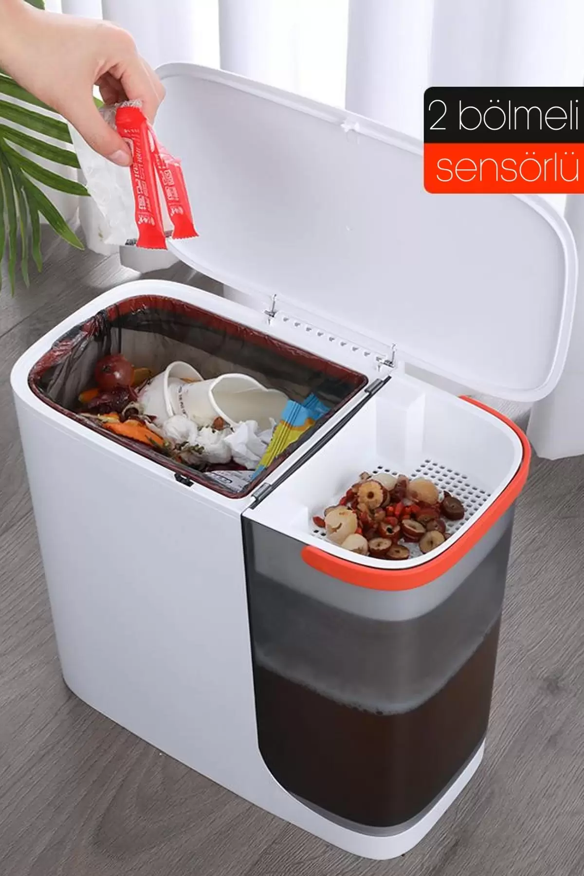 Sensörlü Çöp Kovası Şarjlı Sıvı Katı 2 Bölmeli Otomatik Aç Kapat Mutfak Banyo Ofis Ev Çöp Kutusu