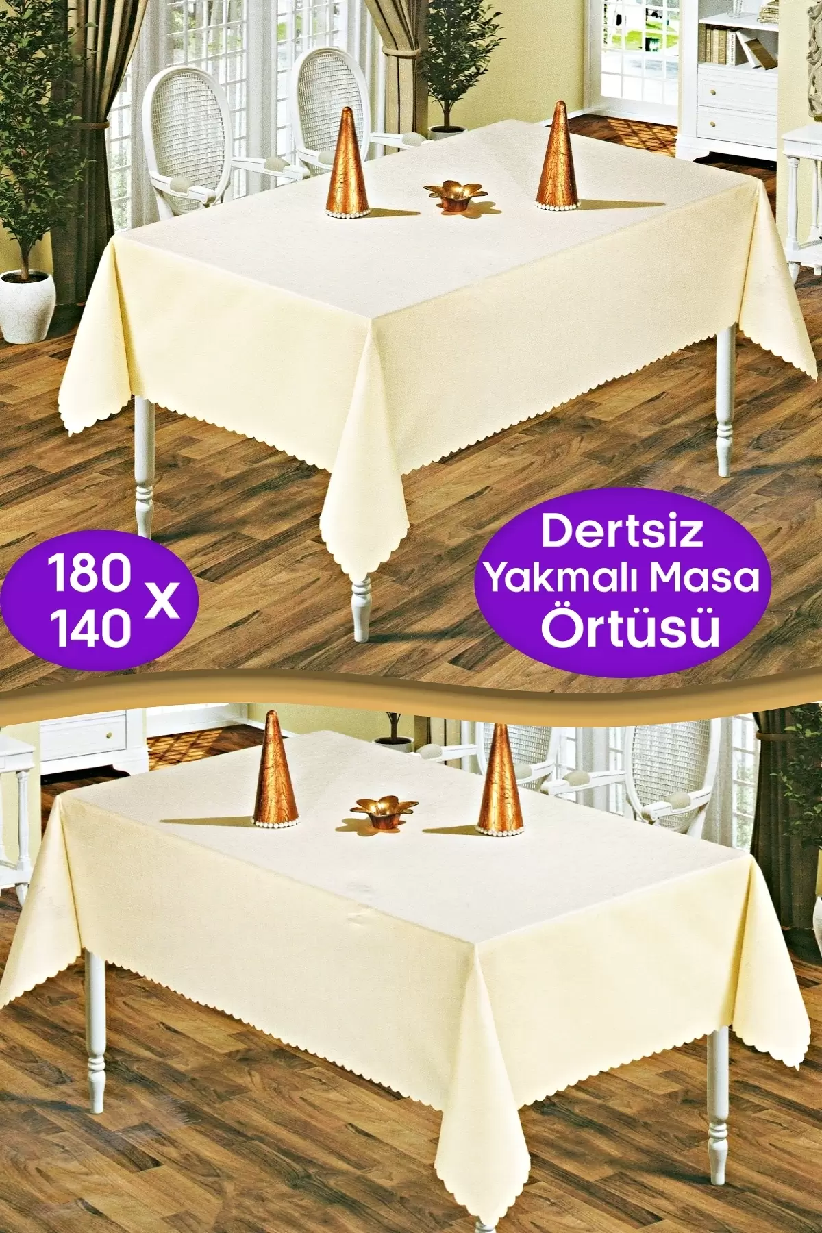Dertsiz Yakmalı Lüx Masa Örtüsü Leke Tutmaz Beyaz 180 x 140 Dikdörtgen Mutfak Yemek Masası Örtüsü