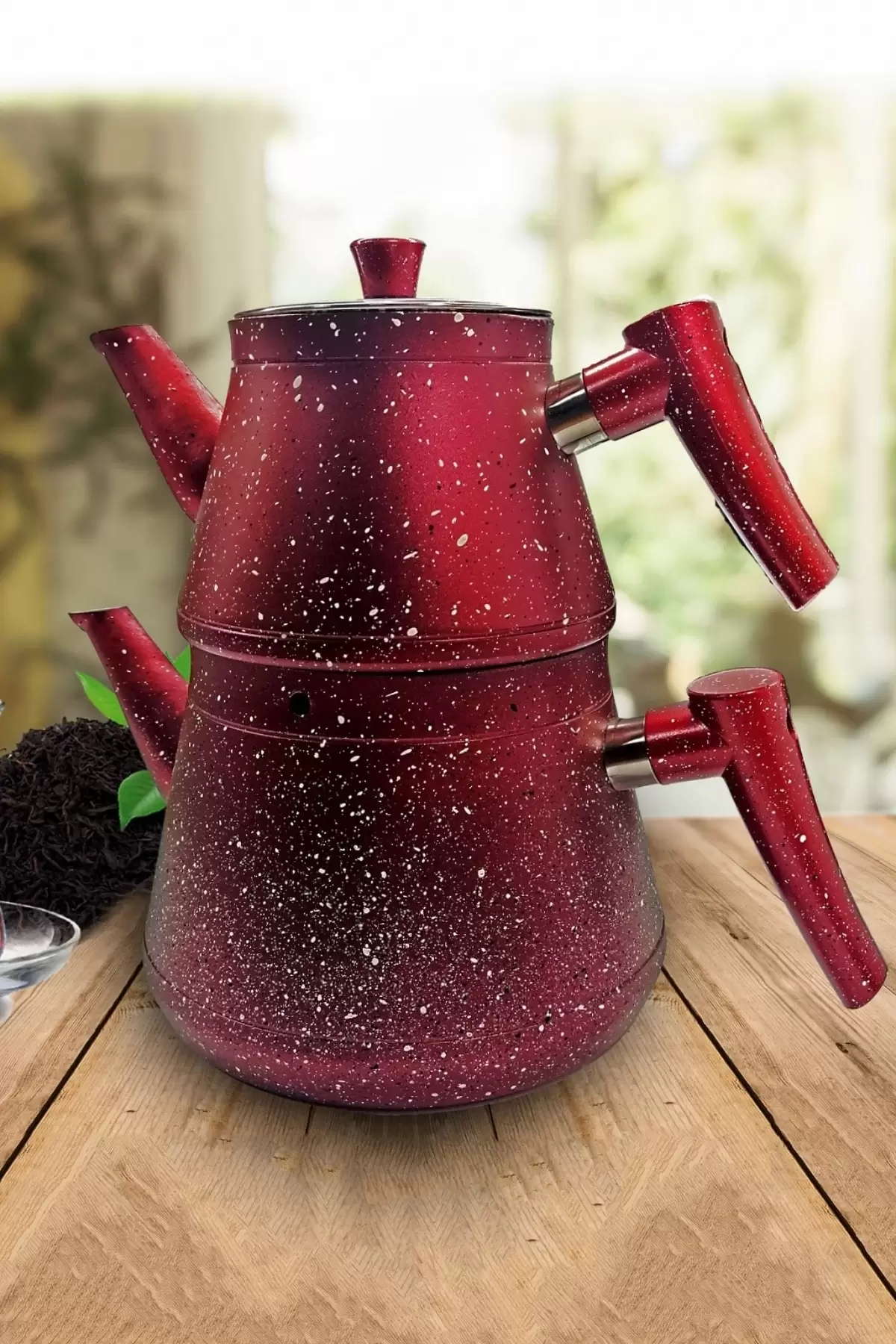 Elit Granit Çaydanlık Takımı Bakalit Saplı Lüx Çaydanlık Demlik Seti Kırmızı 2300 + 1200 ml.