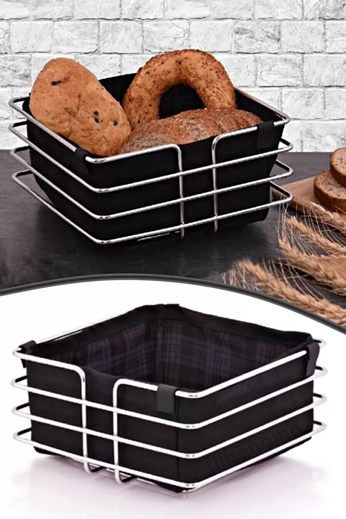 Lüx Metal Şeritli Kumaş Kare Ekmeklik Gümüş Krom Sofra Ekmek Sepeti Meyve Sepetliği Siyah Kumaş