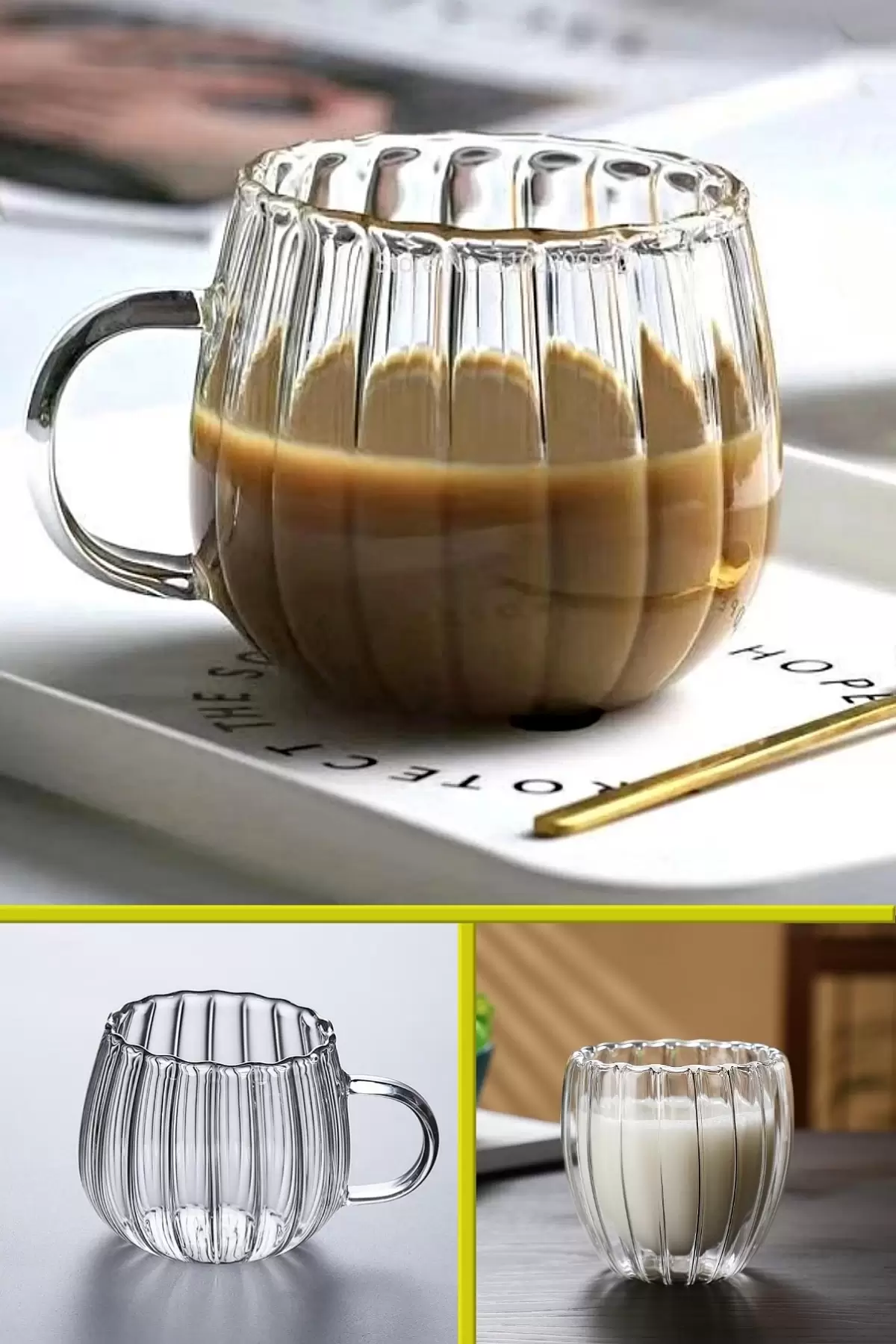 Çift Cidarlı Burgulu Kristal Kulplu Cam Bardak Çay Süt Kahve Kupası Sıcak & Soğuk İçecek Bardağı