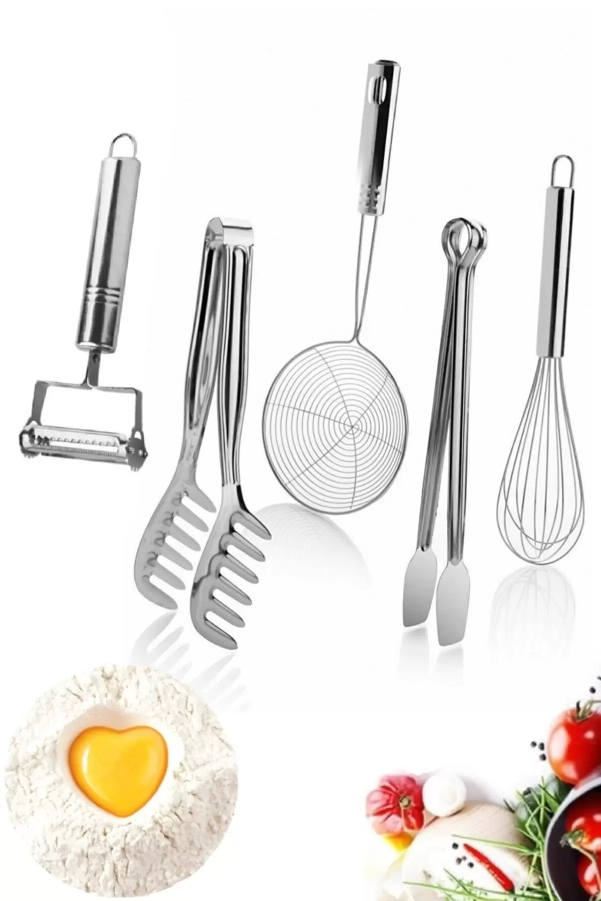 Yemek Hazırlık Pratik Mutfak Gereçleri Seti 5 Parça Mutfak Metal Soyacak Çırpıcı Maşa Kevgir Kepçe