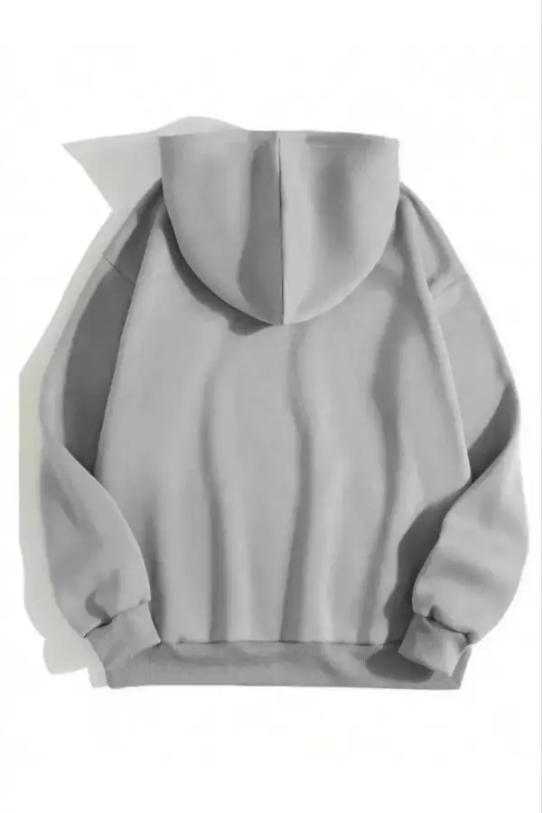 Kadın Kapüşonlu Kanguru Cepli 3 İplik Pamuklu Düz Hoodie Sweatshirt - Gri