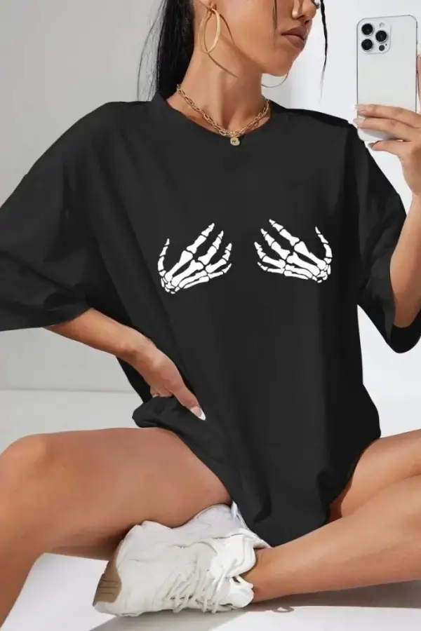 Kadın Baskılı T-Shirt Kısa Kol Bisiklet Yaka Oversize Rahat Kalıp Tişört - Siyah