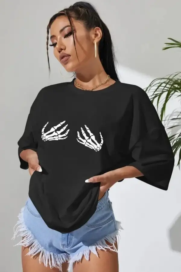 Kadın Baskılı T-Shirt Kısa Kol Bisiklet Yaka Oversize Rahat Kalıp Tişört - Siyah