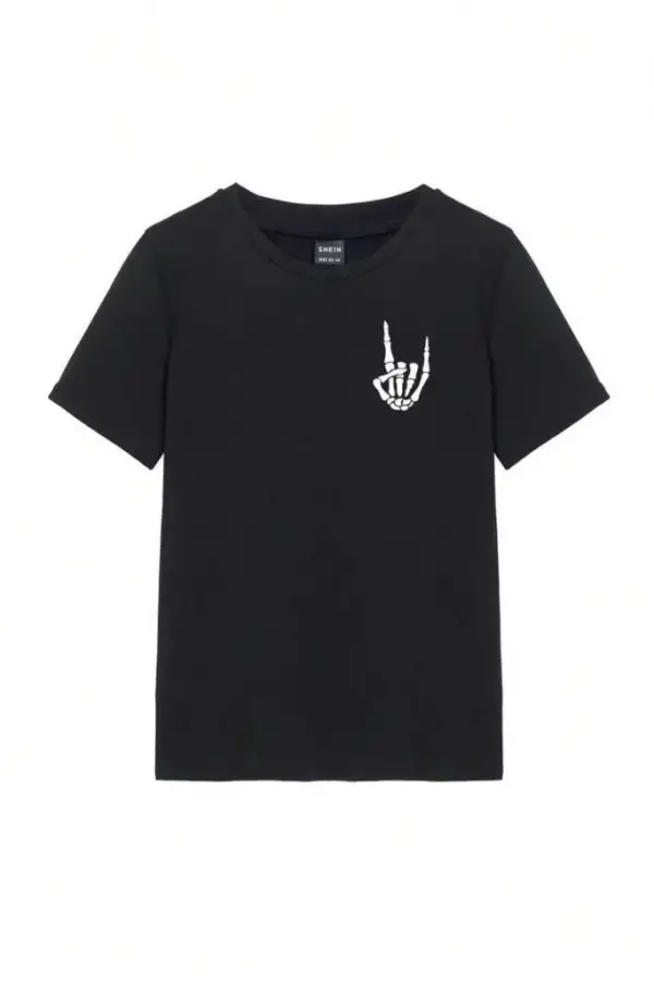 Kadın Baskılı T-Shirt Kısa Kol Bisiklet Yaka Oversize Rahat Kalıp Tişört - Siyah
