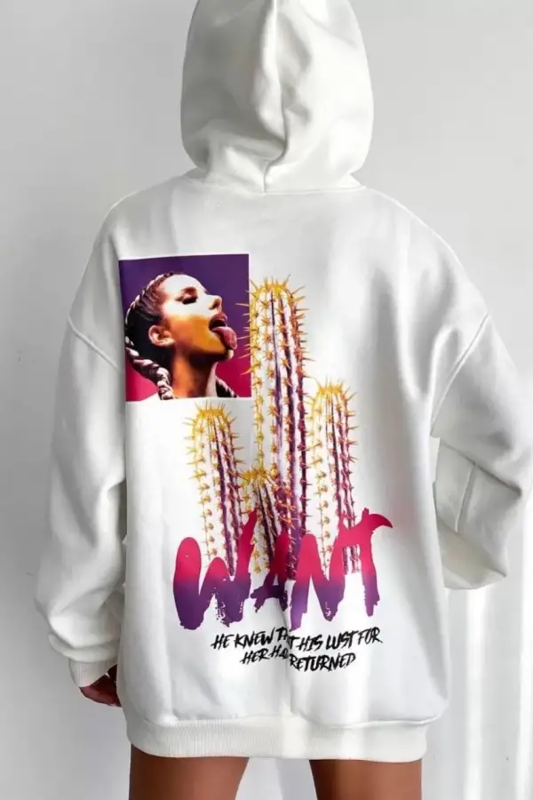 Kadın Oversize Kapüşonlu Cepli WANT Baskılı 3 İplik Pamuklu Hoodie Sweatshirt - Beyaz