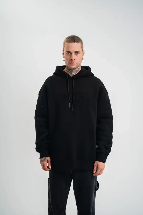 Erkek 3 İplik Pamuklu Oversize Kapüşonlu Nakışlı Hoodie SweatShirt - Siyah