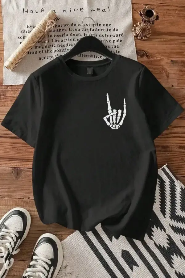 Erkek Baskılı T-Shirt Kısa Kol Bisiklet Yaka Regular Fit Rahat Kalıp Tişört - Siyah
