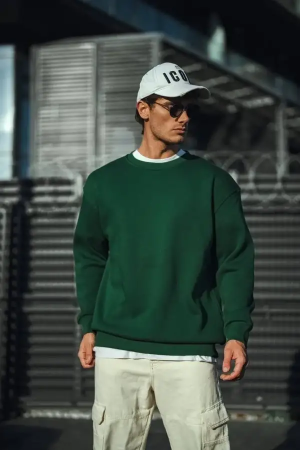 Erkek Bisiklet Yaka 3 İplik Pamuklu Basic SweatShirt - Haki