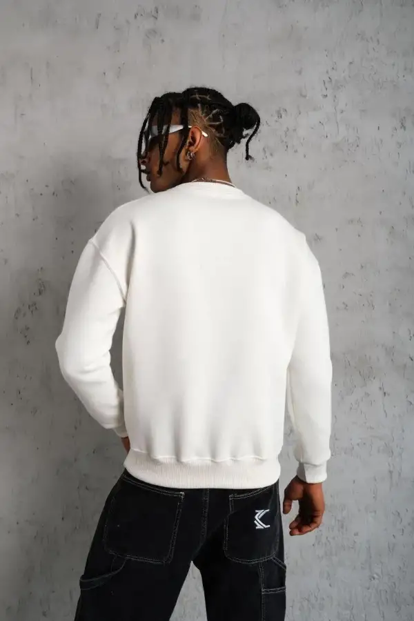 Erkek Düz Bisiklet Yaka 3 iplik pamuklu Sweatshirt - Beyaz