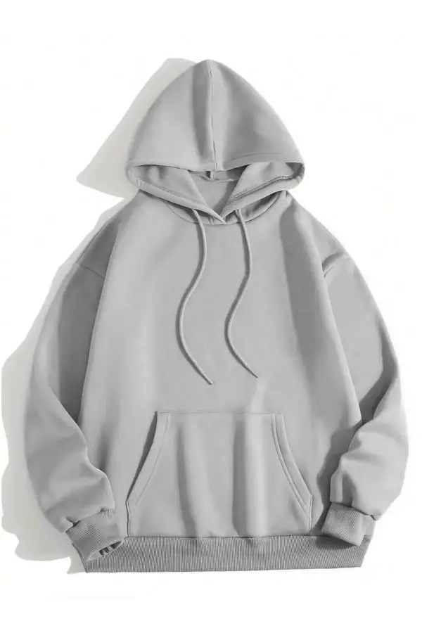 Erkek 3 İplik Pamuklu Kapüşonlu Kanguru Cepli Sweatshirt Hoodie - Boyalı Gri