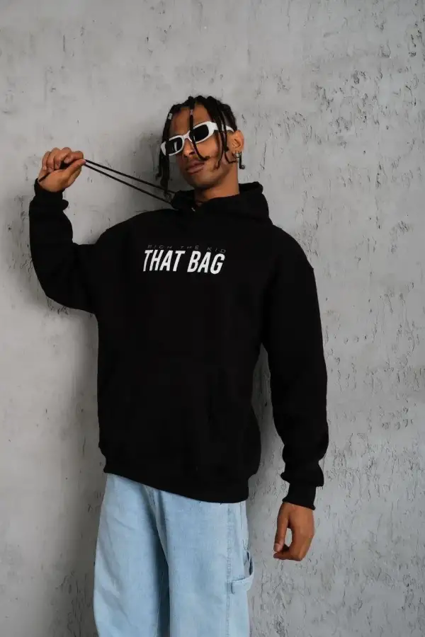 Erkek 3 İplik Pamuklu Kapüşonlu Baskılı Cepli Oversize Sweatshirt Hoodie - Siyah