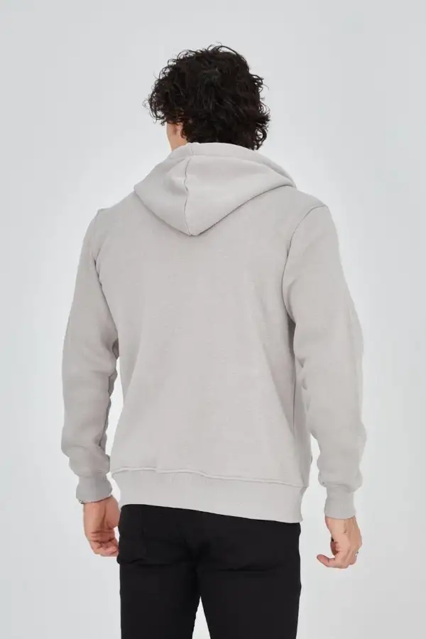 Erkek 3 İplik Pamuklu Fermuarlı Kapüşonlu Kanguru Cepli Hoodie - Boyalı Gri
