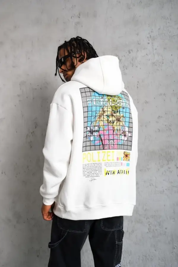 Erkek 3 İplik Pamuklu Kapüşonlu Baskılı Cepli Oversize Sweatshirt Hoodie - Beyaz