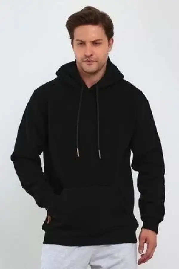 Erkek 3 İplik Pamuklu Kapüşonlu Cepli  Hoodie Sweatshirt - Siyah