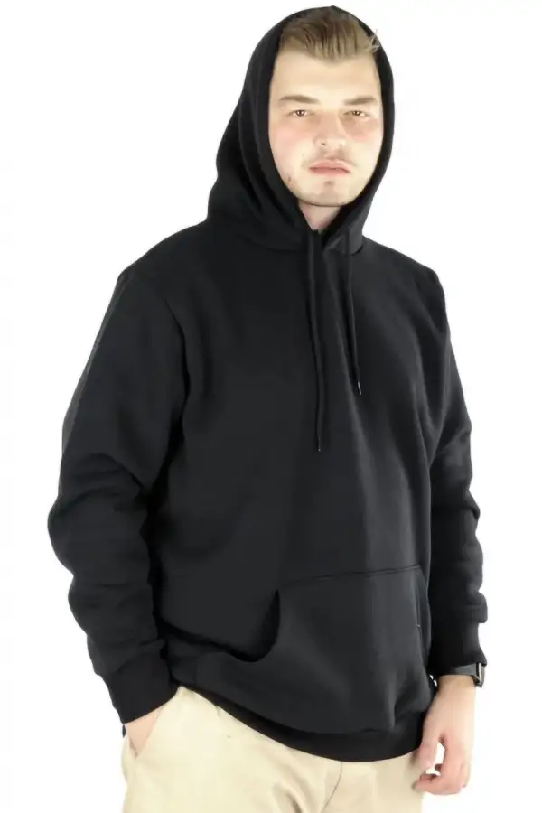 Erkek 3 İplik Pamuklu Kapüşonlu Cepli  Hoodie Sweatshirt - Siyah