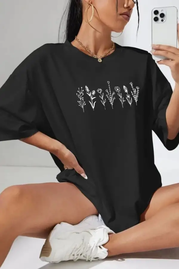 Kadın Baskılı T-Shirt Kısa Kol Bisiklet Yaka Oversize Rahat Kalıp Tişört - Siyah